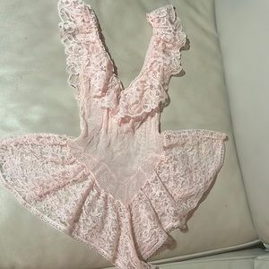 Vintage pink frilly lace fishnet sheer teddy